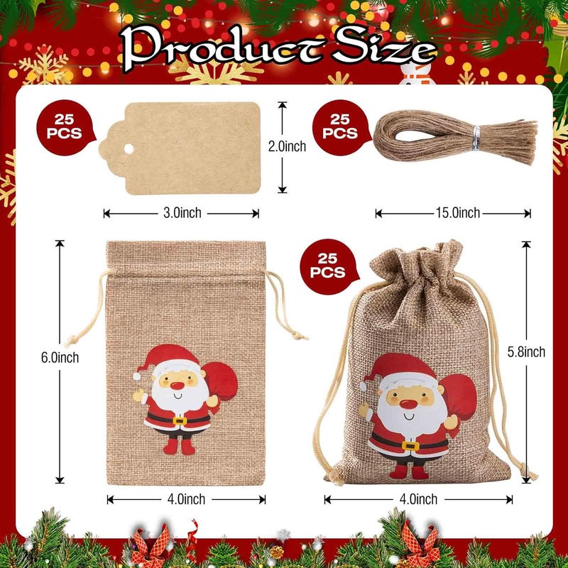 Homum 25 Pcs Christmas Burlap Gift Bags with Drawstring and Tags - 4x6 Inch Tiny Small Gift Bags for Xmas Candy and Christmas Supplies - Image 2